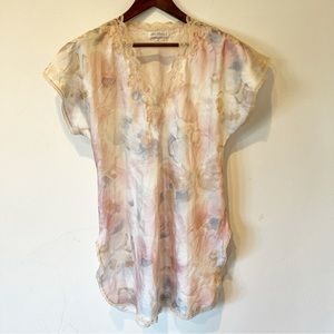 Vintage Miss Elaine Watercolor Short Sleeve Slit Lace V-Neck Nightgown